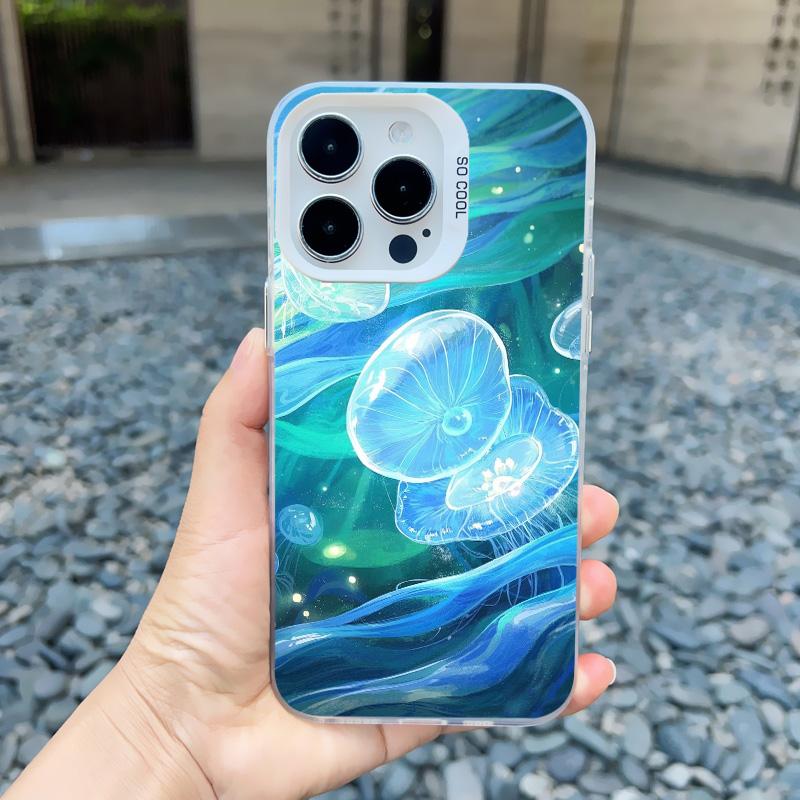 Marine Creature Jellyfish Phone Case For iPhone 16 15 Pro Max Plus 14 13 Mini 12 11 Pro Max Shockproof Laser Back Cover Fundas