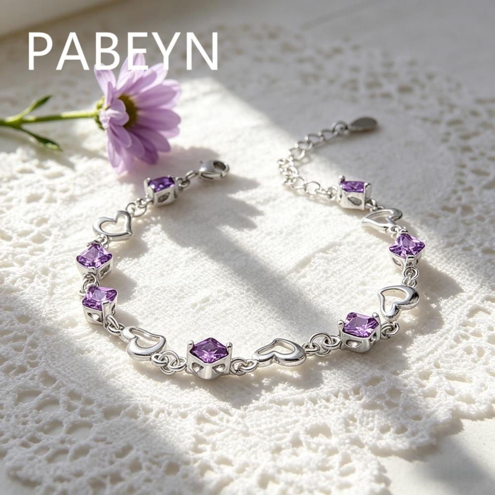 925 Sterling Silver Fashion Purple Zircon Heart Love Bracelet Ladies Jewelry Birthday Anniversary Party Gift