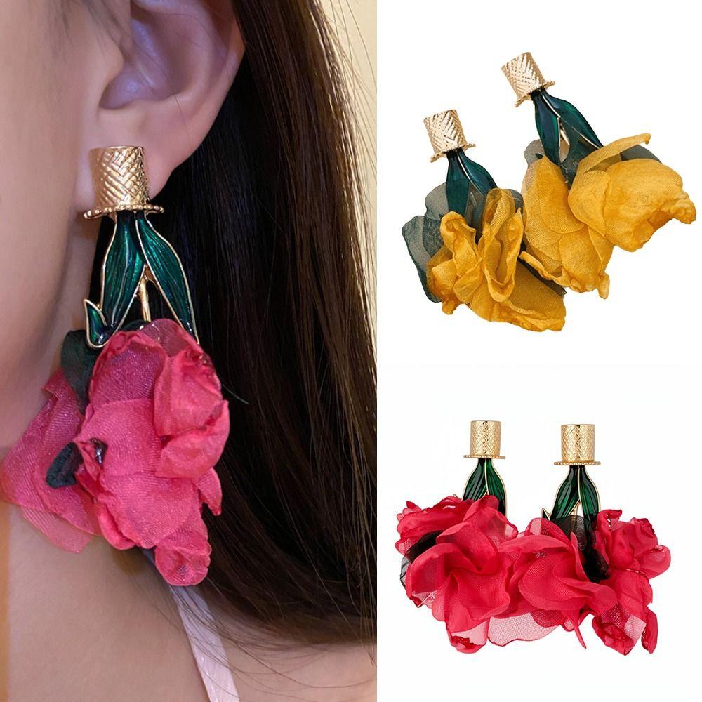 Exaggerated Long Flower Earrings Yellow / Rose Red Dangle Earrings Ear Studs  Garden