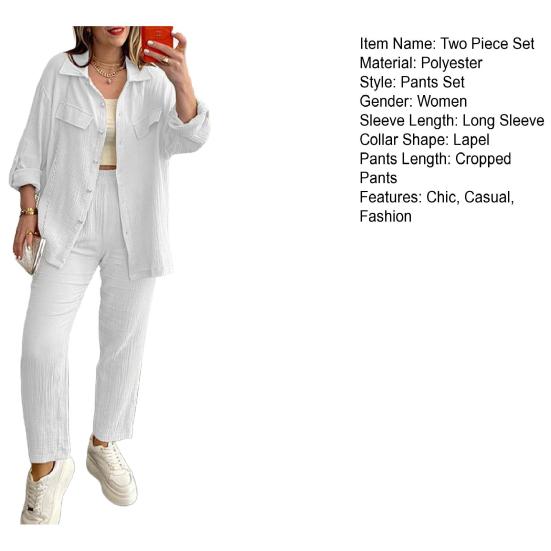 Summer 2 Piece Outfit for Women Oversized Button Down Long Sleeve Shirt And Cropped Pants Set Casual Loungewear Tracksuit