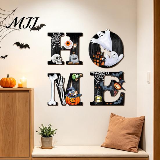 Holiday Home Accents Halloween HOME Letter Wall Hanging Ornament, Wooden Festive Decor with Ghost Skull Party Supplies Pumpkin Black Cat Bat Elements