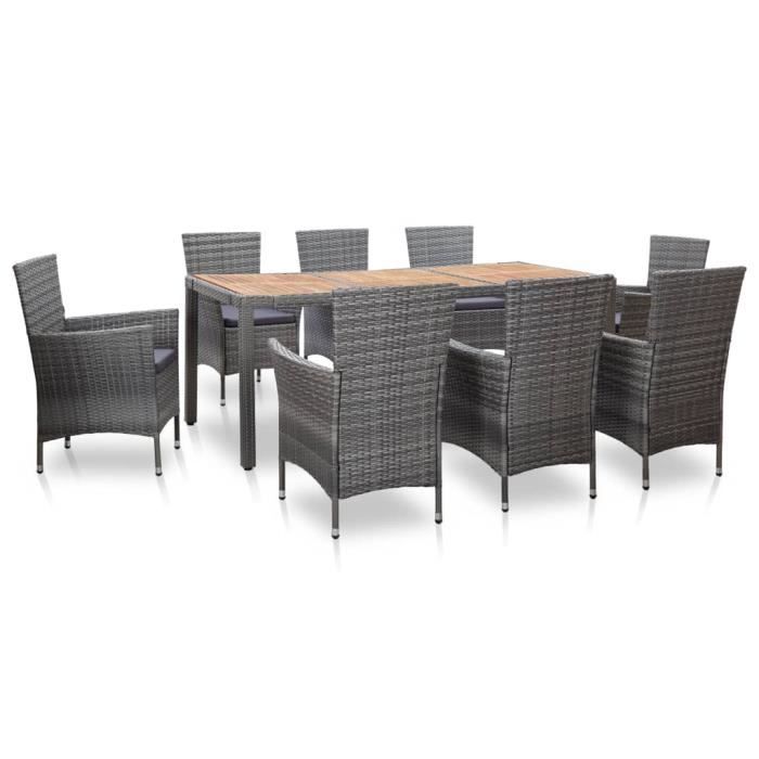 VidaXL Mobilier à dîner de jardin 9pcs et coussins Résine tressée Gris