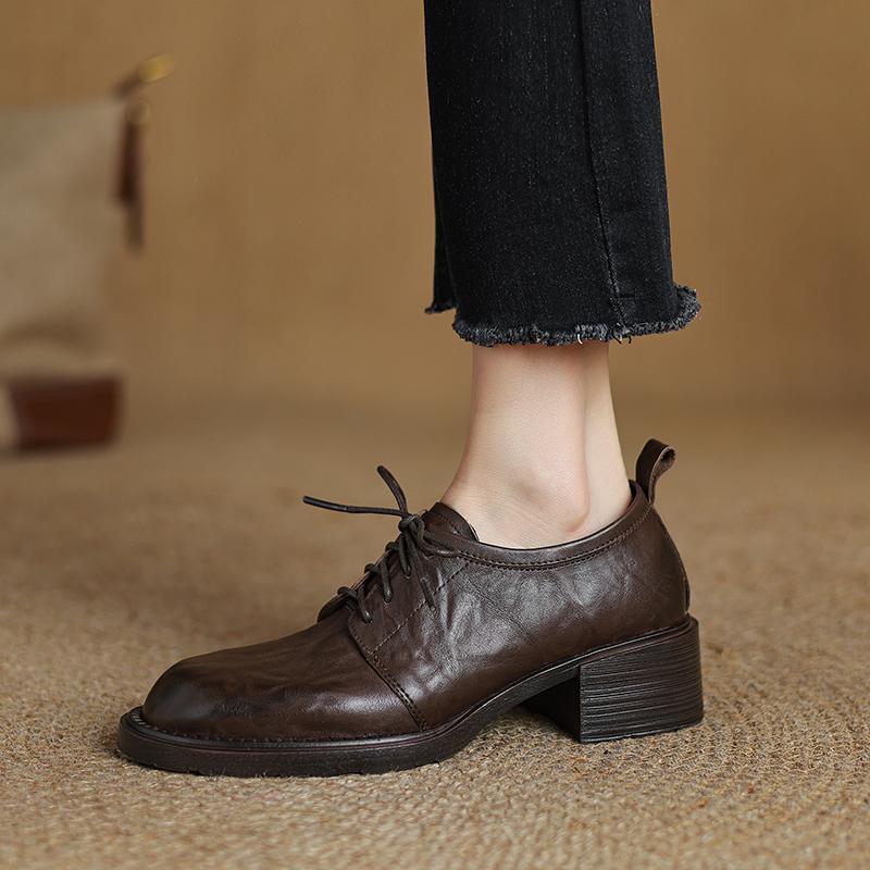 Modă 2025 Pantofi cu toc pentru femei Primăvară Toamnă cu șireturi Vârf rotund Confortabili Concisi Piele naturală Mocasini Pantofi Femeie Pantofi casual de lucru