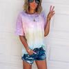 Summer Women's Short-sleeved T-shirt with O-collar Gradient Color Tie-dyed Fashionable Loose Top, Basic Street Large-sized Casual T-shirt