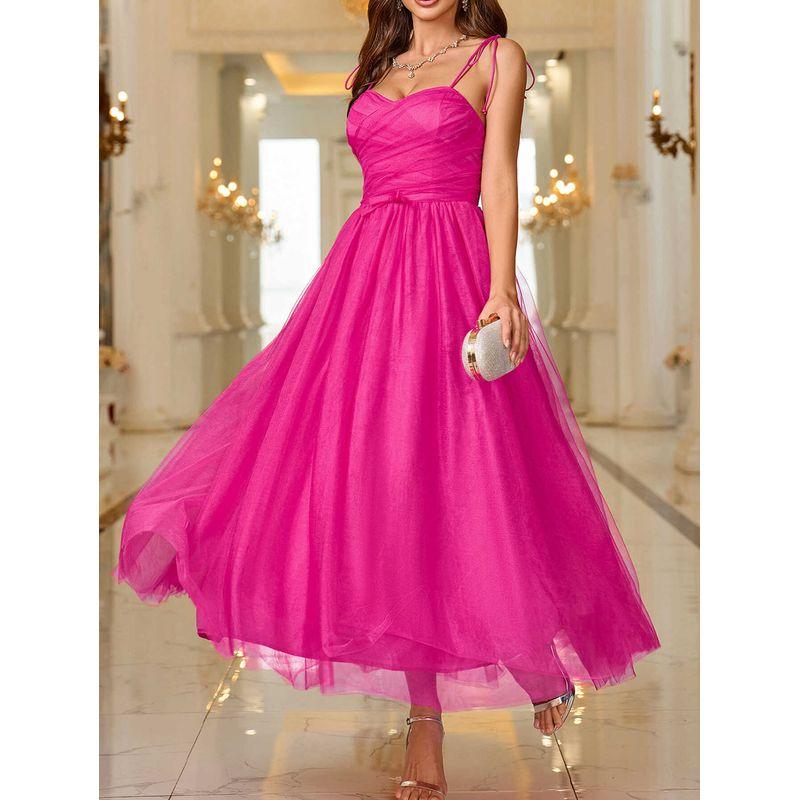 

Solid Color Elegant Mesh Dress European and American Style Dress Elegant Elegance Women s Clothing Gauzy Gown Rose Red XL