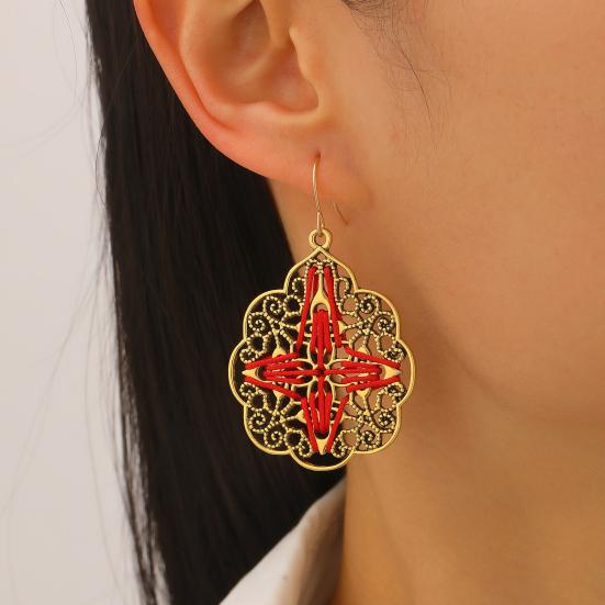 1 Paio di Orecchini Bohemia Stile Retrò Corda Rossa Intrecciata a Mano Intaglio Cavo Pizzo Forme a Sole Orecchini da Spiaggia Festival