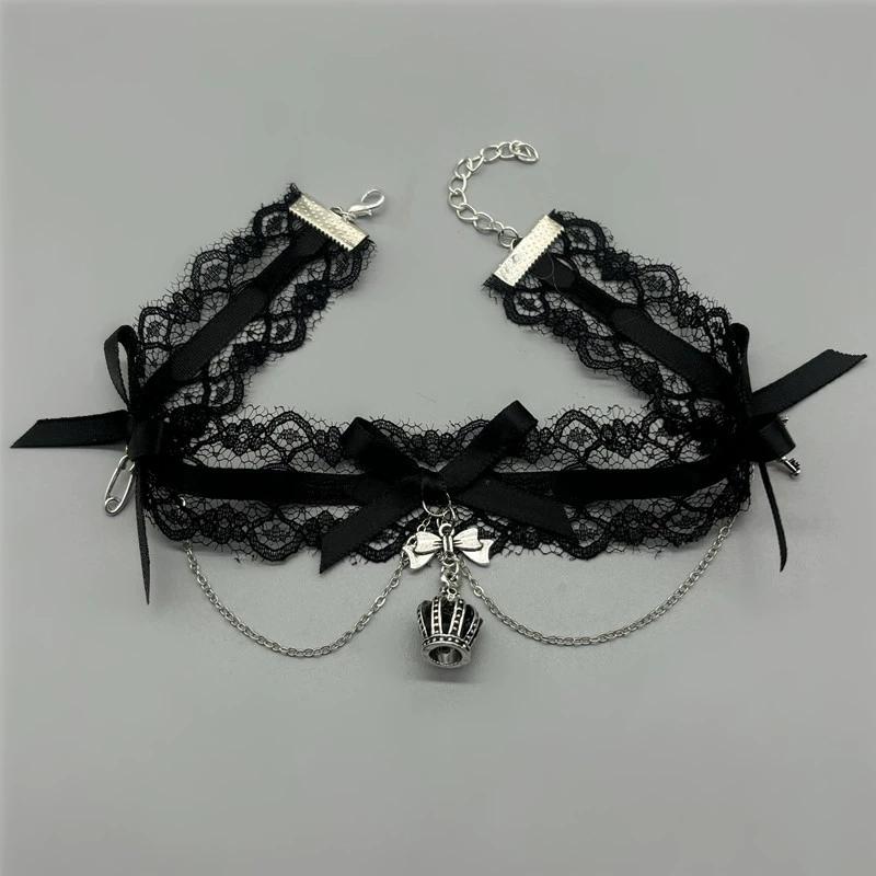 

New Sexy Lace Bow Necklace for Women Gothic Punk Velvet Collar Choker Vintage Crown Pendent Necklace Strap Bow Cute Jewelry чёрный