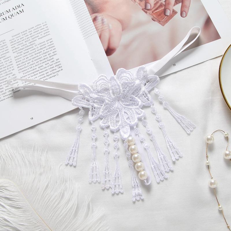Sexy Thong Hollow Embroidery Female Seduction Fringed Lingerie Pearl Massage Transparent Pants Low-rise Panties