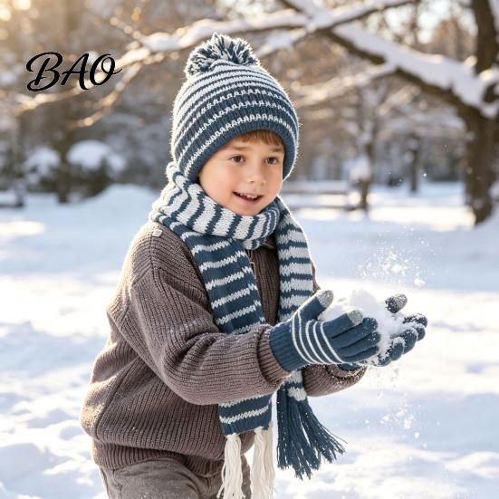 Soft Skin Friendly Winter Set 1 Hat Scarf Gloves for Kids, Fleece Lined Striped Knit with Children Elastic Ribbed Pom Pom, Cozy Toddlers Boys