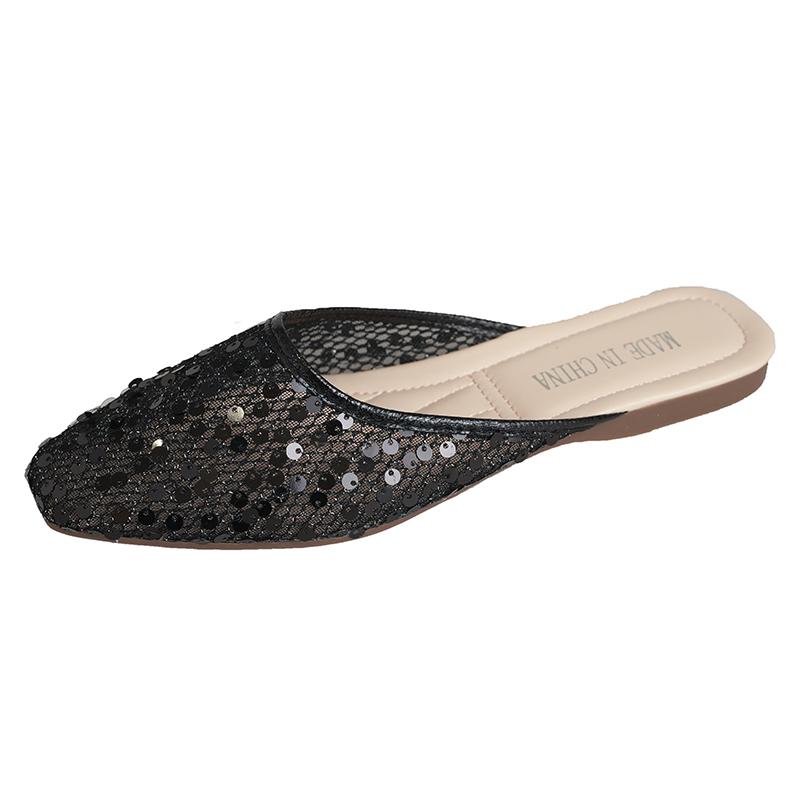 Fashion New Baotou Slippers Spring Square Head Shallow Mouth Glitter Mesh Cover Feet Soft Sole Anti-slip Wear-resistant Flat Shoes