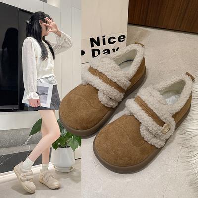 Gu Yunshu automne et hiver 2025 nouvelles chaussures simples mignonnes à bout rond petite pomme de terre avec velours chaud laine d'agneau petites chaussures en cuir femmes
