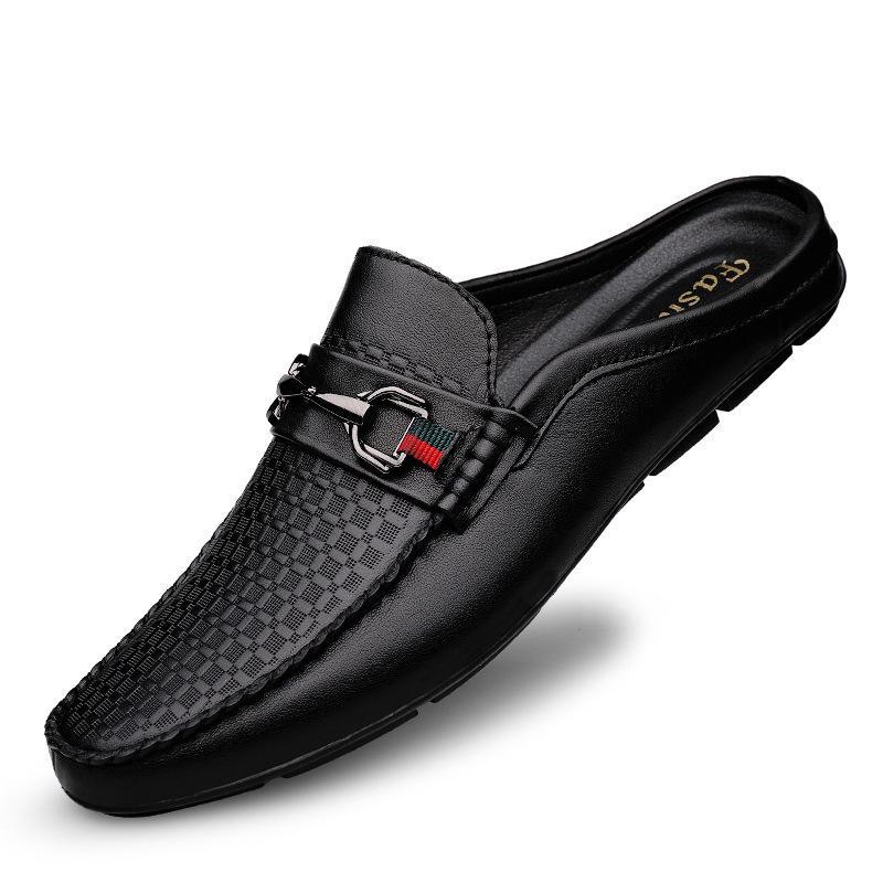 Men's Slip-On Casual Leather Shoes with Embossed Metal Buckle - Comfortable & Breathable