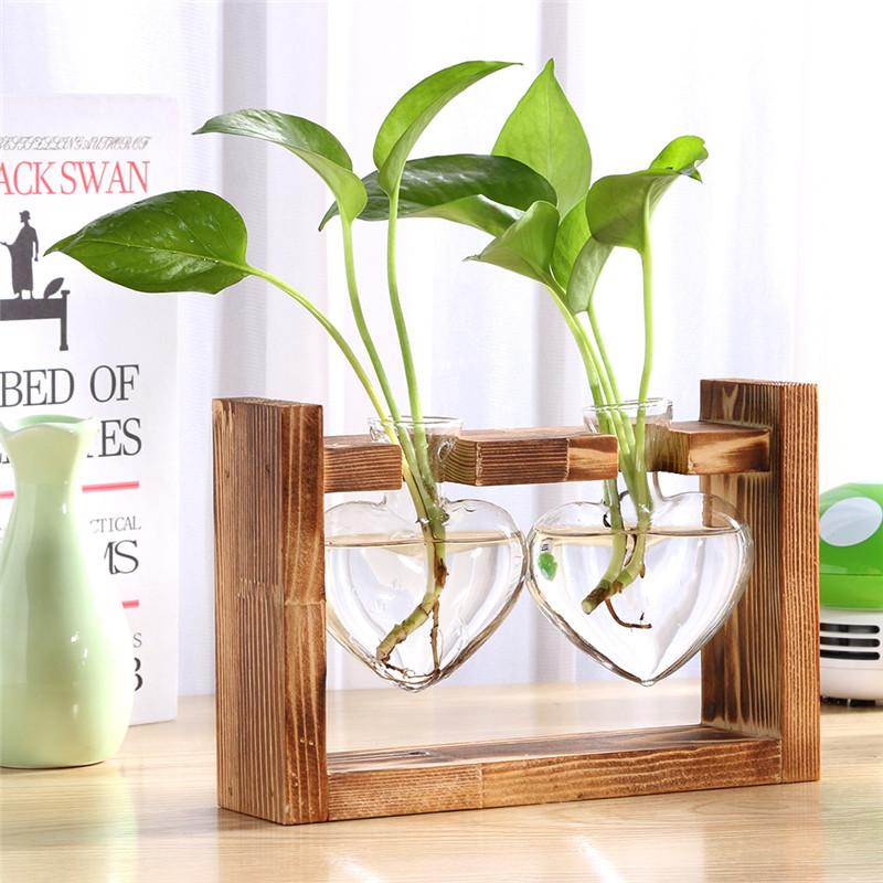 Glass and Wood Vase Planter Terrarium Table Desktop Hydroponics Tray Home Decor Plant Bonsai Flower Pot Hanging Pots with Wooden