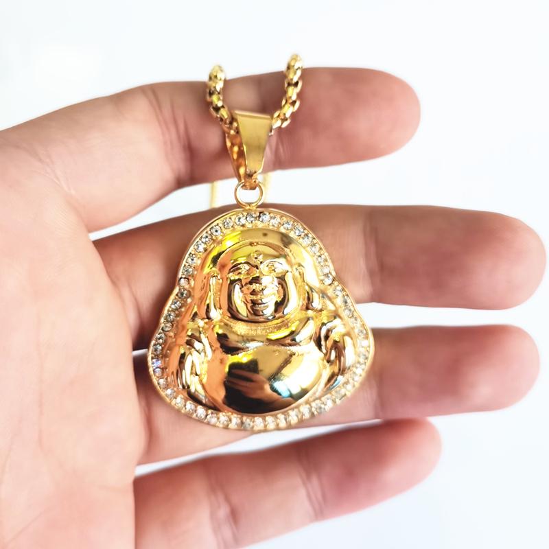 Hip Hop Men Necklace with Rhinestone Stainless Steel Gold Color Plated Maitreya Pendant