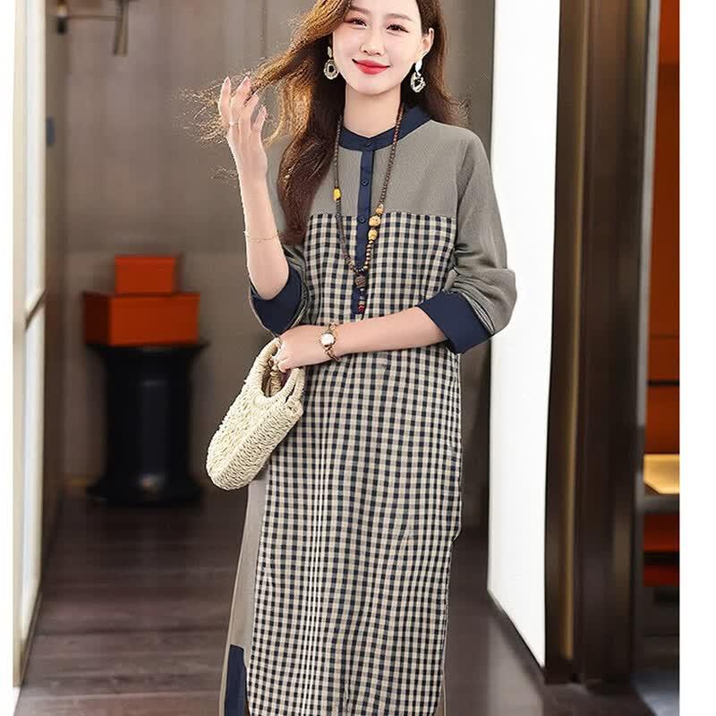 EST+II Women's Long Sleeve Plaid Patchwork Midi Casual Dress