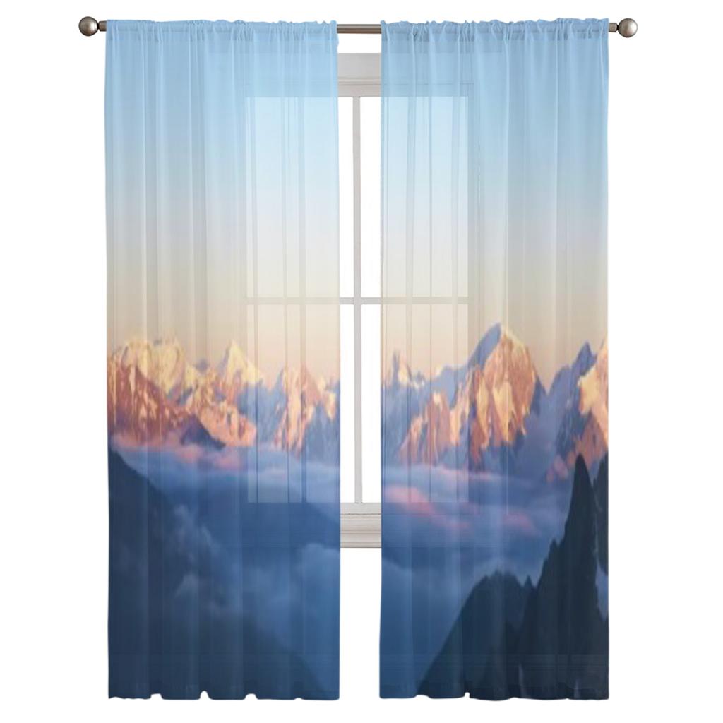 Alpine Landscape With Peaks Covered By Snow And Clouds Tulle Sheer Curtains for Living Room Kitchen Decor Voile Organza Curtain