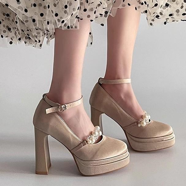 Waterproof table Mary Jane shoes women's spring new commuting heightened square head thick heel satin performance small leather shoes