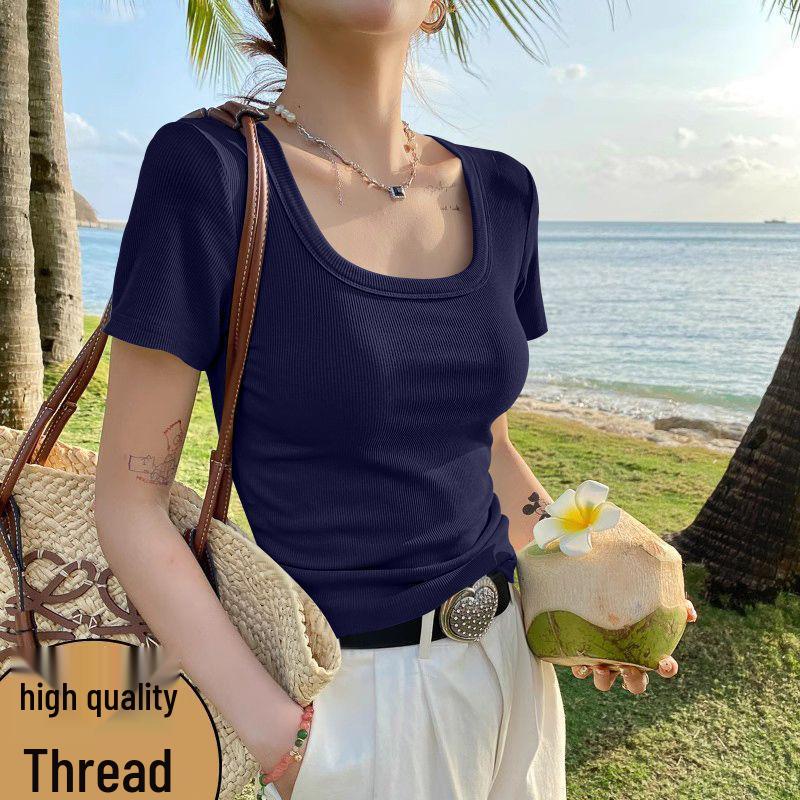 

Hong Kong Style Women s Ribbed Square Neck Short Sleeve Top - Age-Reducing, Trendy, and Breathable M [Suitable for up to 95 lbs]