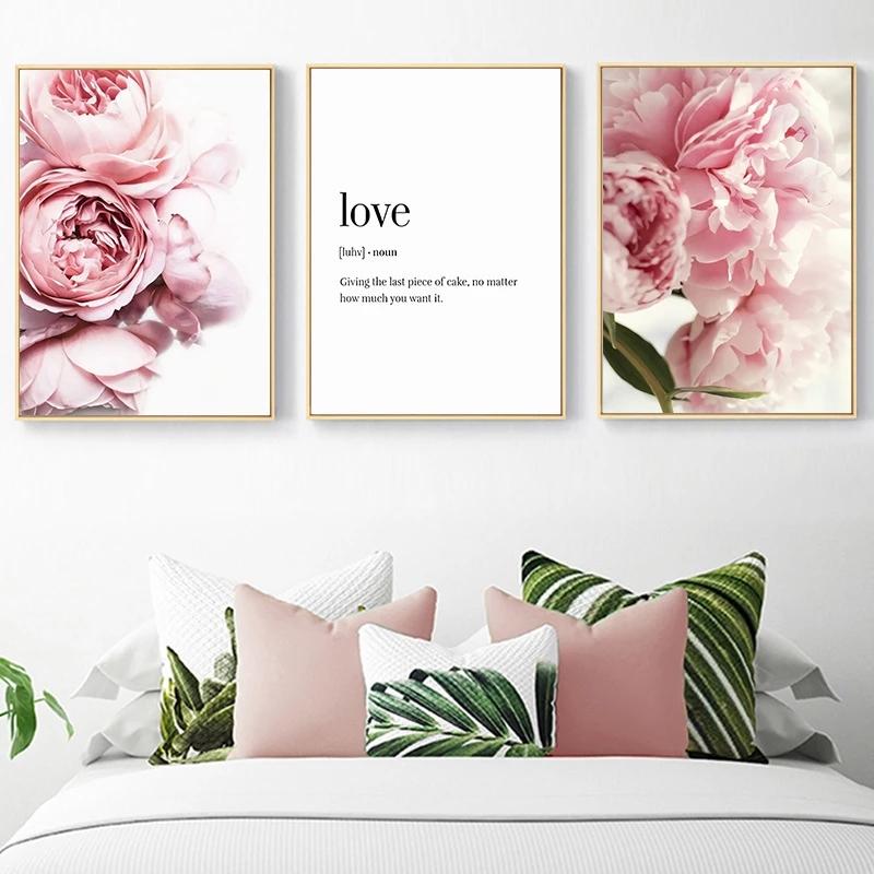 Růžová pivoňka Malba na plátně Plakát a tisk Květinový dopis Citát Nordic Wall Art Květinový obrázek Ložnice Dekorace domova Umění
