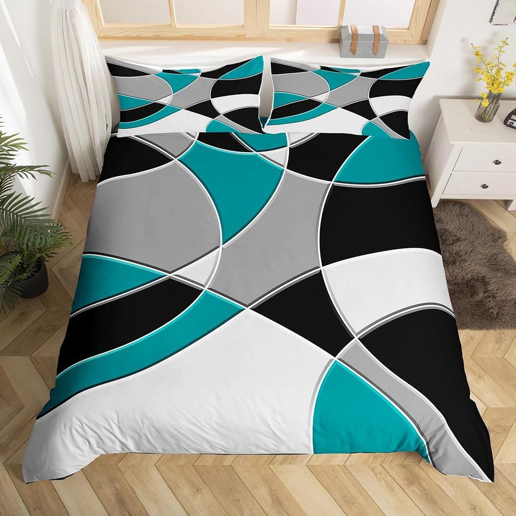 Round Geometric Bedding Set Green Gray Black Abstract Art Bedspread Comfortable Three-Piece Set