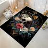 Floral Skull Print Decorative Carpet with Black Background, Gothic Style Suitable for Use As an Anti-slip for Living Room Bedroom Sofas