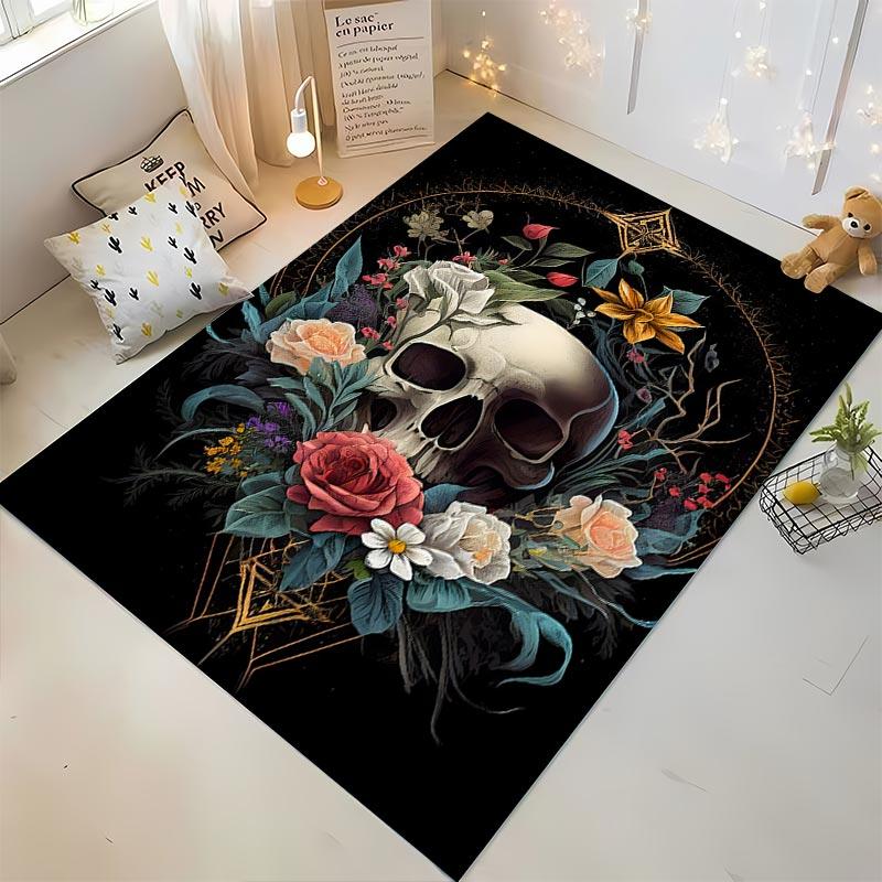 Floral Skull Print Decorative Carpet with Black Background, Gothic Style Suitable for Use As an Anti-slip for Living Room Bedroom Sofas
