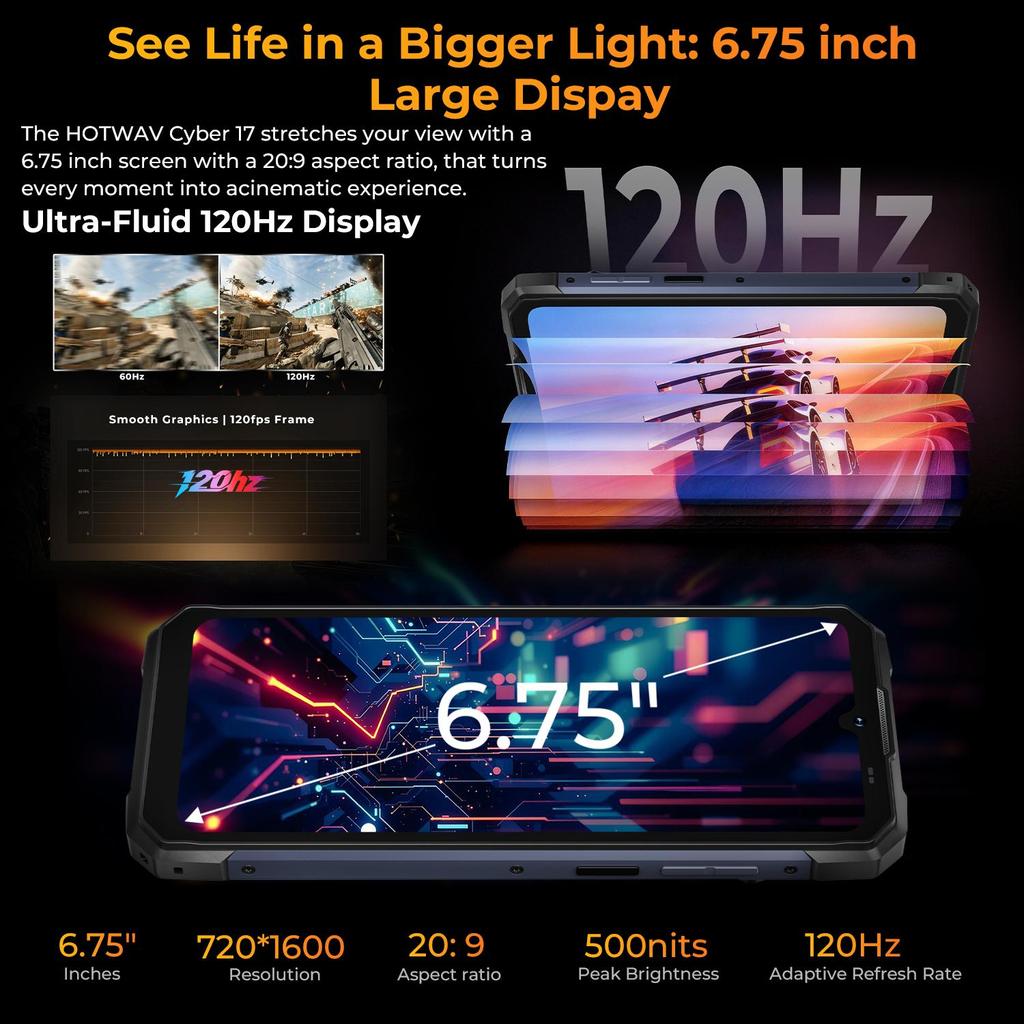 HOTWAV Cyber 17,Telefono Cellulare da Esterno,16GB(6+10)+128GB, Android 16, 6200mAh 20W, Fotocamera 48MP, Dual SIM 4G/NFC/OTG/Lanterna da Campeggio Super Luminosa