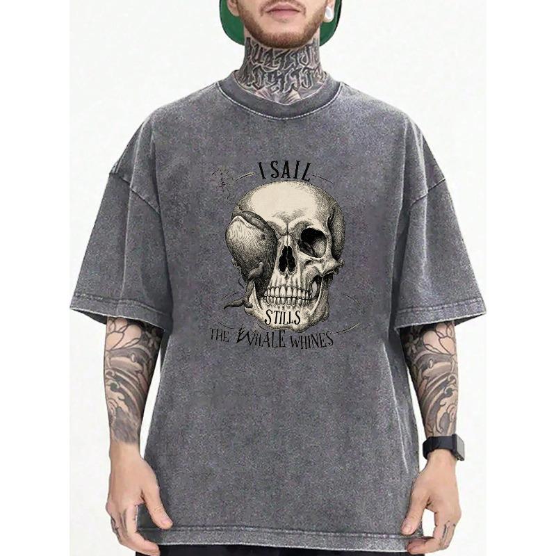 

Men S Vintage Washed Oversized T-Shirt - Nautical Skull & Whale Eye Graphic Tee - Crew Neck Streetwear Top - Soft Breathable for Everyday Casual 5XL
