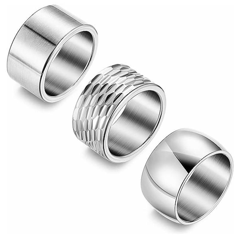 Men's Classic Ornaments 304 Stainless Steel Hammered Texture Ring Set - 12MM Wide, 3-Piece