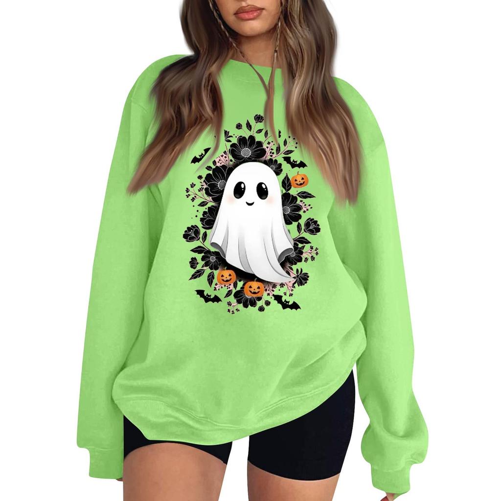 Women's Neck Long Sleeve Loose Fit Casual Sweatshirt Pullover Top with Halloween Print