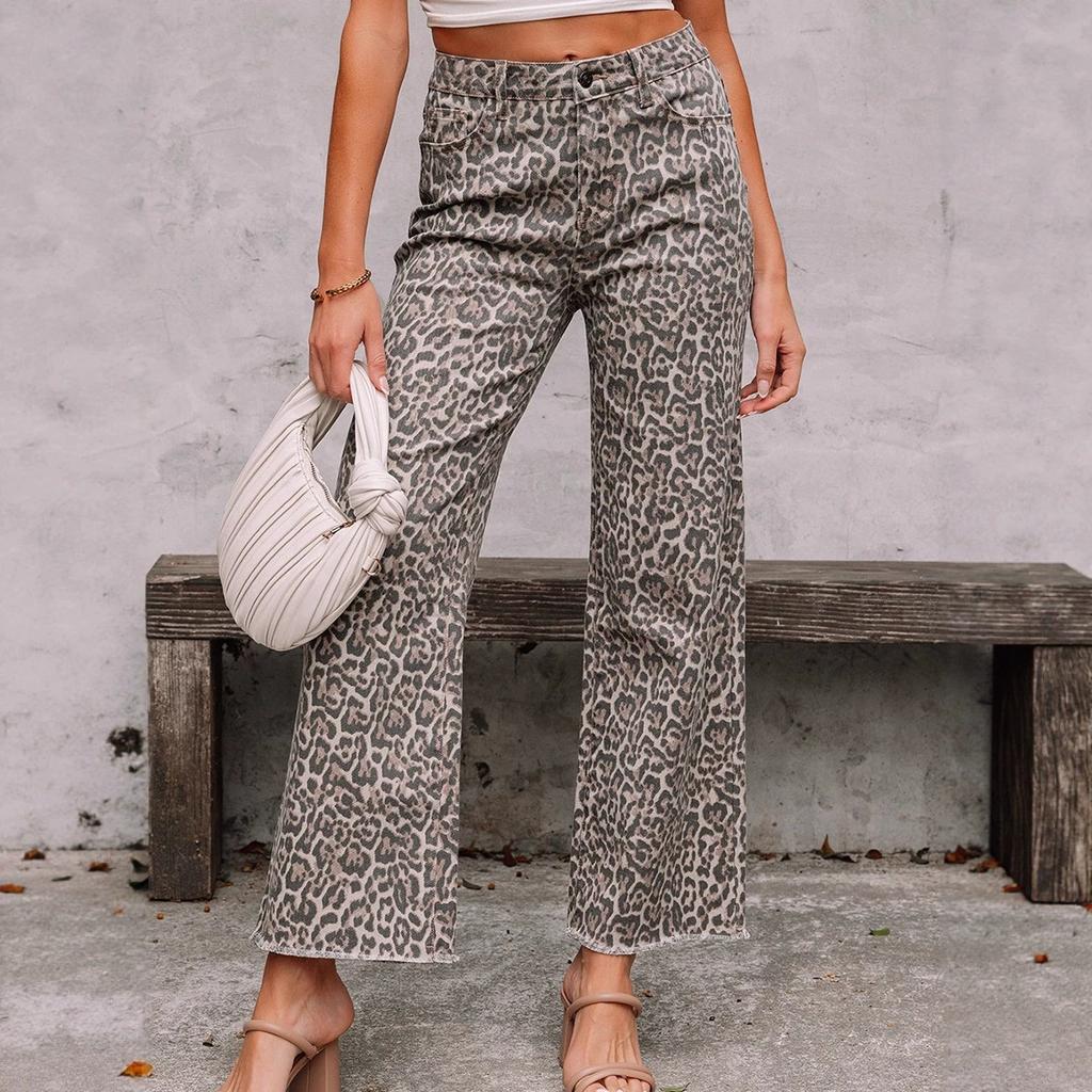 Women's High Waist Straight Leg Jeans Leopard Print Raw Frayed Hem Denim Long Pants