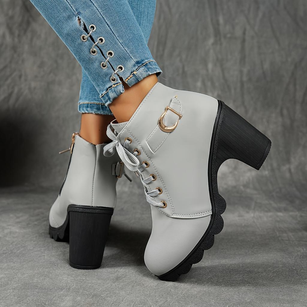 Women'S Mid-Heel Ankle Boots with Side Zipper - Comfortable Faux Cover, Decorative Buckle Design, All-Season Versatile Casual Shoes for Casual Attire