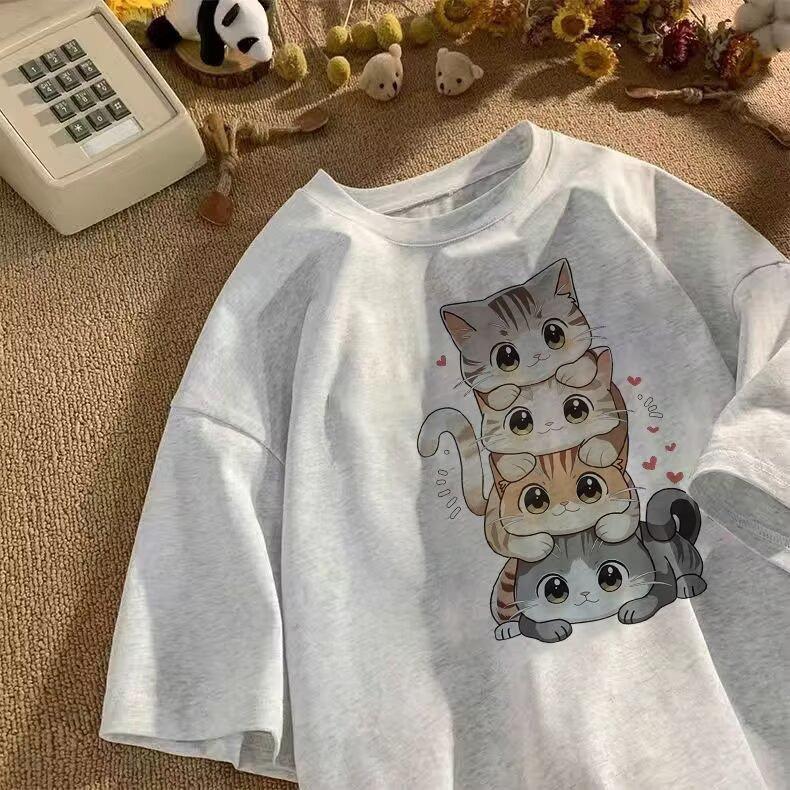 Unisex Summer Japanese Style Cat Print Loose Short Sleeve Tee