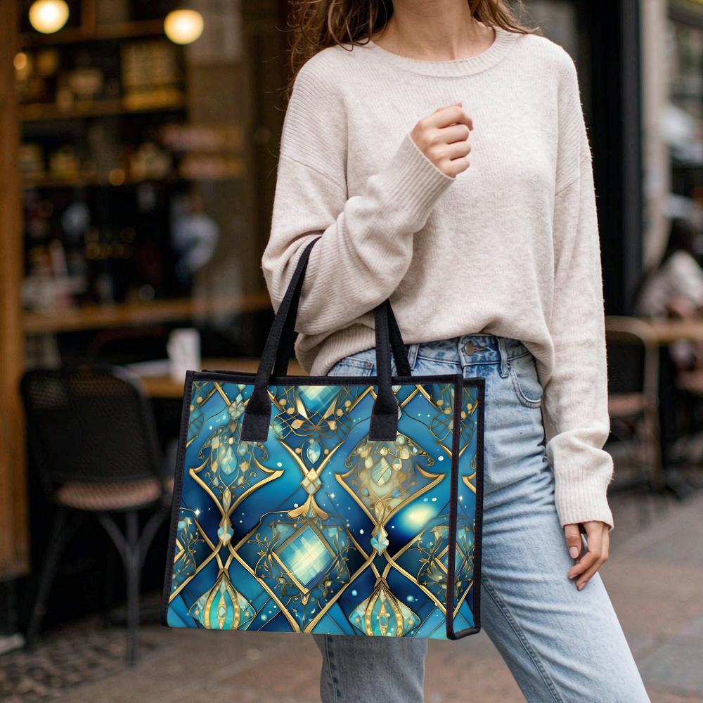 Elegant Blue Gold Geometric Pattern Tote Bag for Daily Use