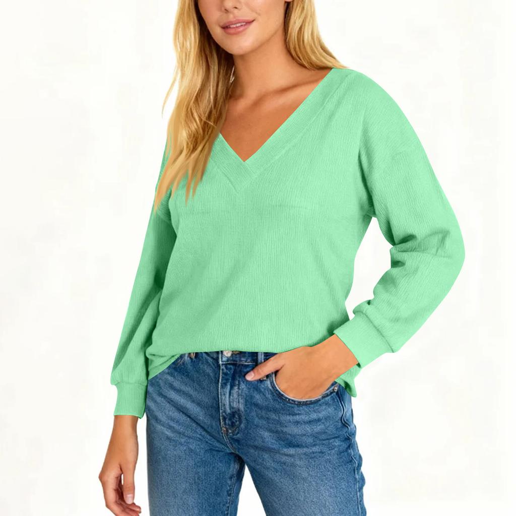 Plus Size Women's Fashion Casual Color Knit V,Neck T,Shirt Long Sleeve