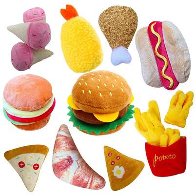Hunde-Plüschspielzeug-Set: Realistische Kauspielzeuge in Form von Hamburgern, Pommes und Hähnchenschenkeln – bissfest und langlebig mit lebensechtem Haarseil.