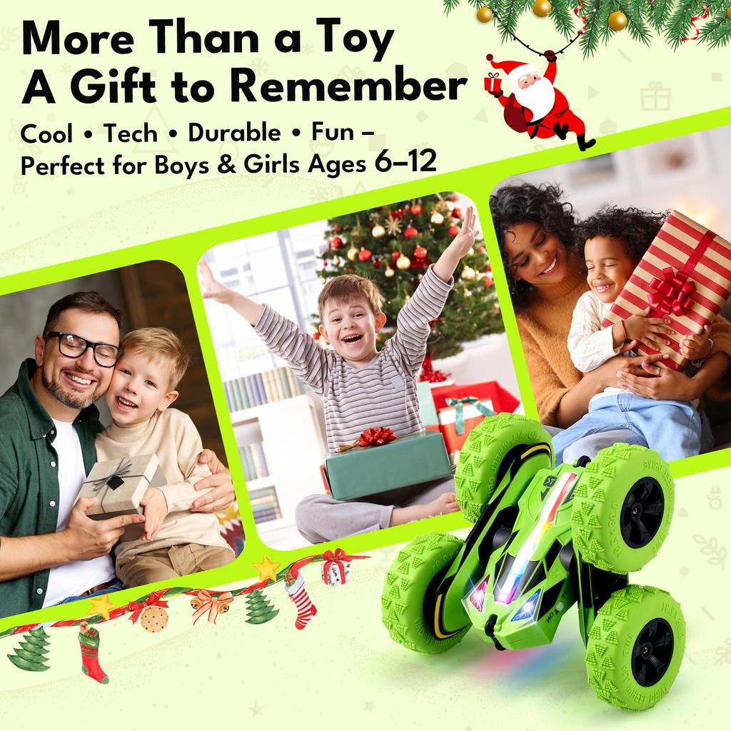 Threeking Remote Control 4WD Stunt Remote Control No Tools Boys and Birthday Indoor and Outdoor Suitable for Children Ages 6 and Green Car, Kids' Toy,