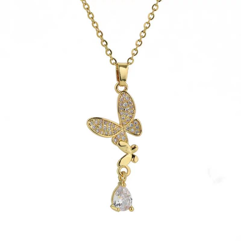 Lightweight Titanium Steel Butterfly Clavicle Necklace with Zirconia Tassel for Women