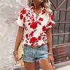 Women Floral Print V Neck Short Sleeve Blouse Casual Notch Collar Rolled Cuff Shirt