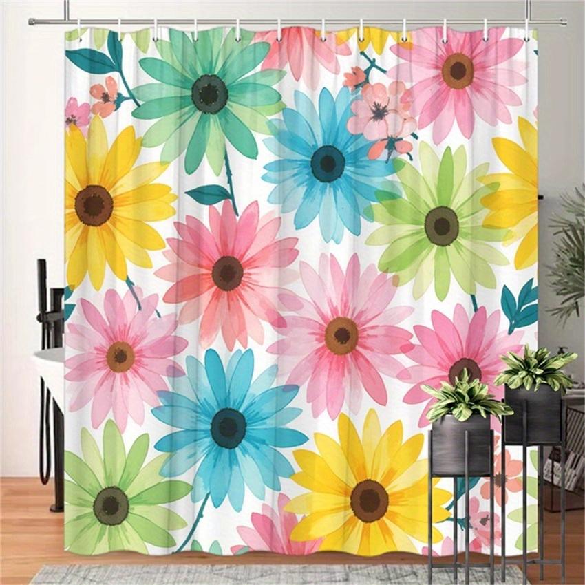 

1pc Daisy Floral Shower Curtain - Overlapping Daisies in Green, Blue, Pink, Yellow, Bold & Playful Design, Polyester, 12 Hooks W90XH180cm