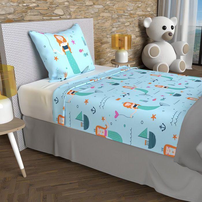 Parure de draps 180x290 cm SIRENES bleu, 100% coton 57 fils/cm2, par Soleil d'Ocre