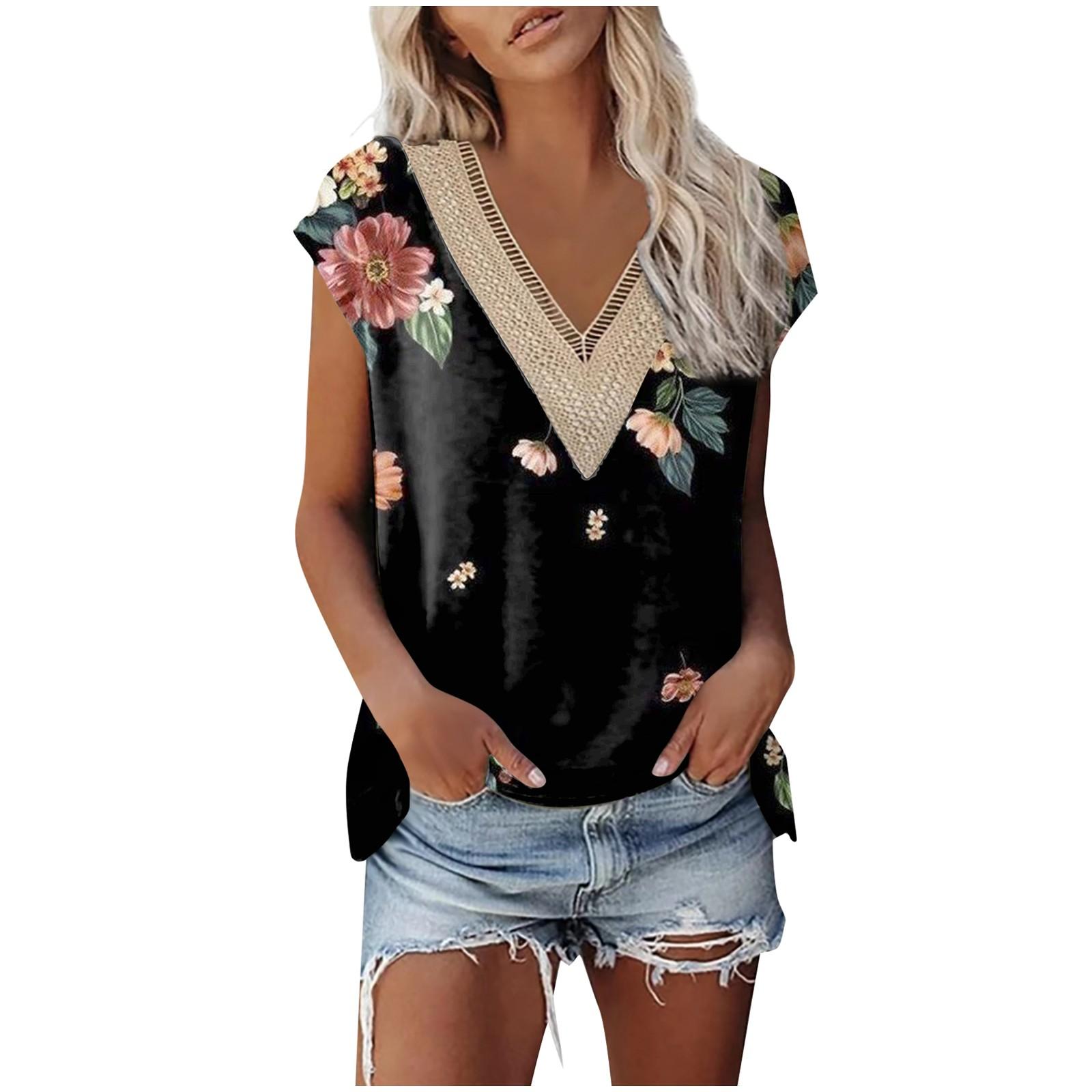 

Ladies Fashionable Casual Printed V-Neck Lace Splicing T-Shirt Top