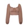 Sexy slim-fit low-cut open-button shirt short top, lantern sleeve drawstring, fungus edge knitted long-sleeved T-shirt