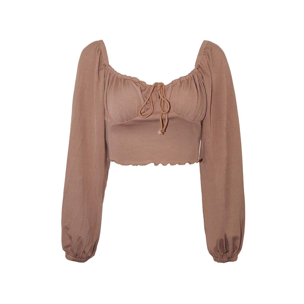 Sexy slim-fit low-cut open-button shirt short top, lantern sleeve drawstring, fungus edge knitted long-sleeved T-shirt