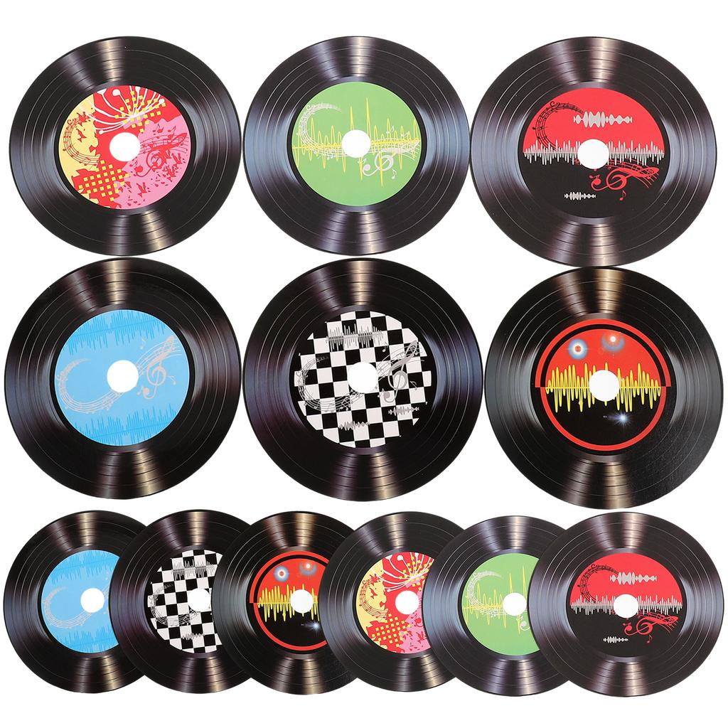 12Pcs Retro Vinyl Record Decoration Wall Stickers Paper Records Home Decor Music Naments Fake Discs Art Black White Colorful