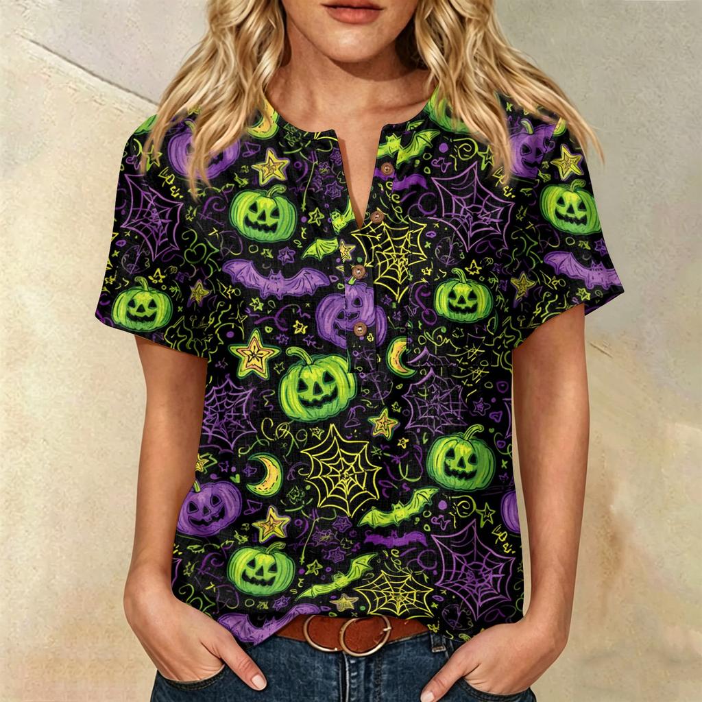 Women Casual Short Sleeve Henley Shirt Cotton Linen Blend Halloween Print Front Pocket Button Neck Blouse