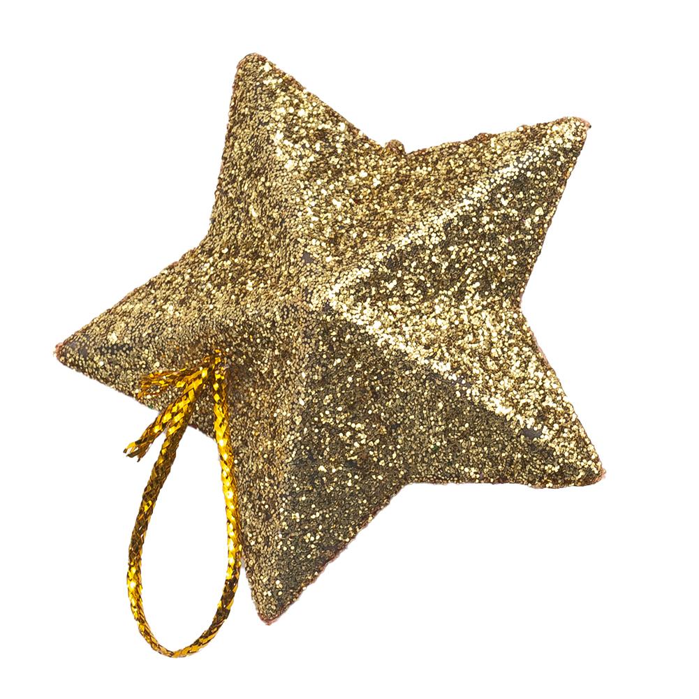 Sparkling Golden Star Xmas Tree Ornaments Set of 6 Hanging Decorations