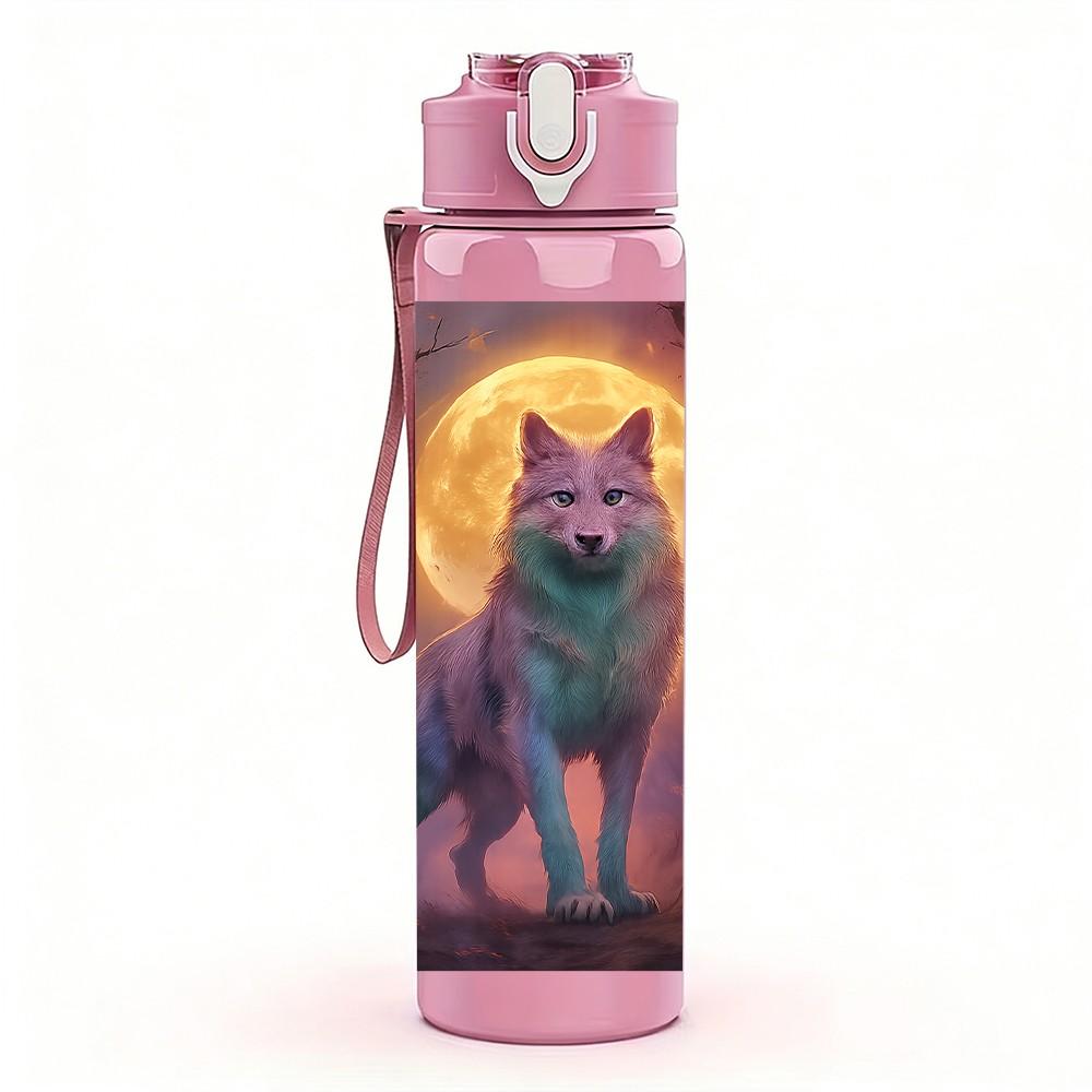 1PC Wolf Howling At Moon Night Print 750ml Color Plastic Sports Water Bottle Leakproof Flip Straw Lid Suitable for Sports Office Home Use
