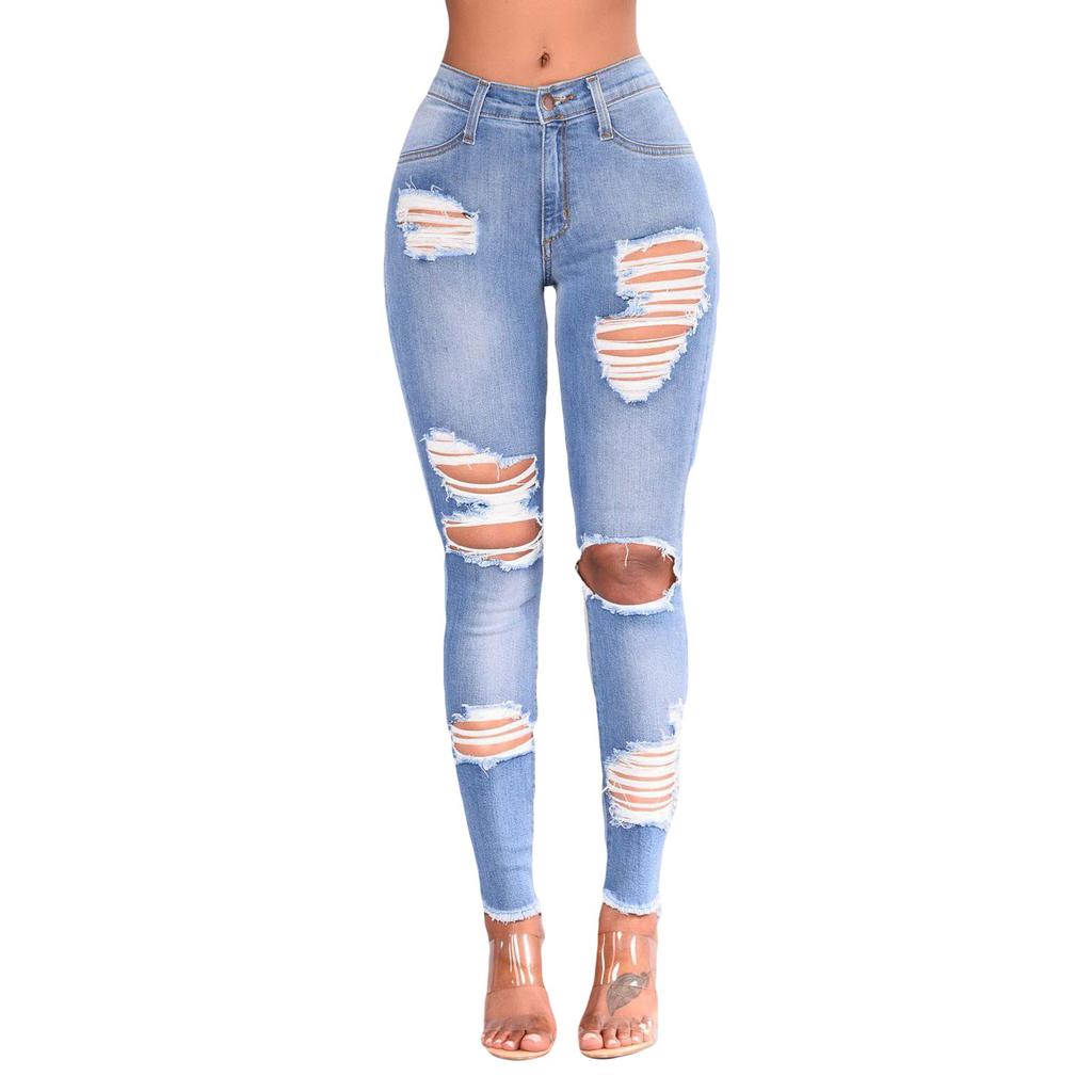 Women Slim Plus Size Ripped Hole Gradient Long Jeans Denim Regular Pants