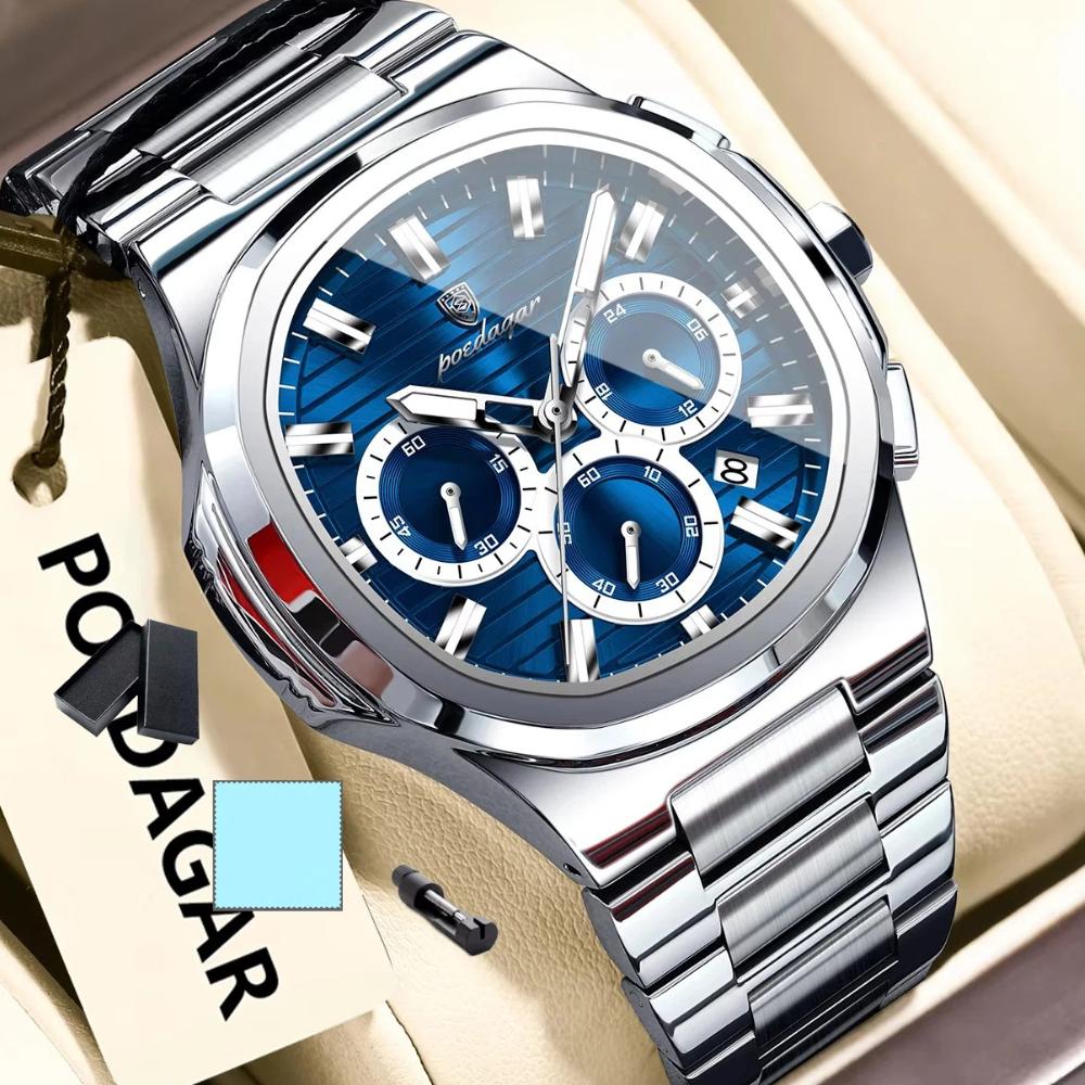 POEDAGAR Business Man Wristwatch Date Chronograph Waterproof Luminous Luxury Watch Stainless Steel Quartz Watches Male